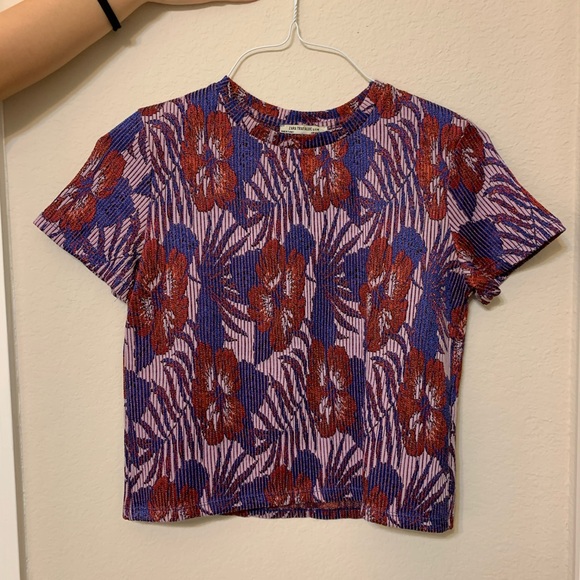 SOLD Zara Purple Floral Hibiscus Metallic Top - Picture 2 of 4